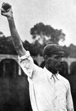 Sydney Barnes demonstrates his bowling action, circa 1920 