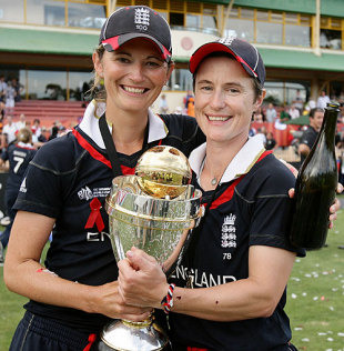 Charlotte Edwards and Claire Taylor with the World Cup, England v New Zealand, women's World Cup final, Sydney, March 22, 2009