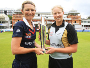 Captains Charlotte Edwards and Aimee Watkins pose with the ICC Women's World Twenty20 trophy before the final, ICC Women's World Twenty20