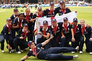 The England team poses with the ICC Women's World Twenty20 trophy, England v New Zealand, ICC Women's World Twenty20 final, Lord's, June 21, 2009