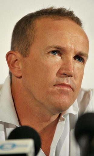 Andy Flower speaks to reporters on the morning after England's Ashes win, London, August 24, 2009