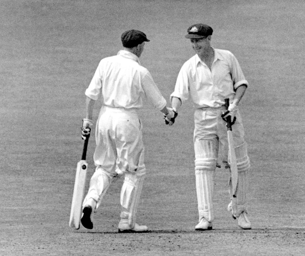 Don Bradman congratulates Arthur Morris on reaching his century, England v Australia, 4th Test, Headingley, 5th day, July 27, 1948