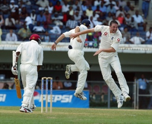 Harmison celebrates England's first wicket