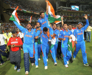Sachin Tendulkar is carried around the Wankhede by his team-mates, India v Sri Lanka, final, World Cup 2011, Mumbai, April 2, 2011