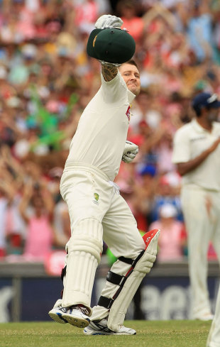 Michael Clarke is ecstatic after getting to a triple-century, Australia v India, 2nd Test, Sydney, 3rd day, January 5, 2012