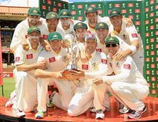 The Australians pose with the Border-Gavaskar Trophy, Australia v India, 4th Test, Adelaide, 5th day, January 28, 2012