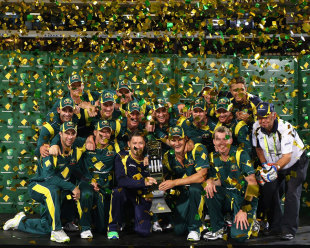 The Australian team pose with the Commonwealth Bank series trophy, Australia v Sri Lanka, CB Series, 3rd final, Adelaide, March 8, 2012