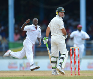 Ricky Ponting edges behind off Kemar Roach, West Indies v Australia, 2nd Test, Port-of-Spain, April 15, 2012