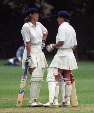 Carole Hodges and Jan Brittin chat during their partnership, England v Denmark, women's World Cup, Banstead, July 20, 1993