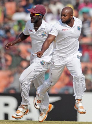 Tino Best and Darren Sammy celebrate a wicket, Bangladesh v West Indies, 2nd Test, Khulna, 4th day, November 24, 2012