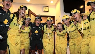 Australians sing a team song after their World Cup victory, Australia v West Indies, Final, Women's World Cup 2013, Mumbai, February 17, 2013