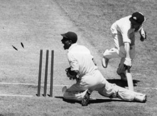 Sammy Guillen breaks the stumps to dismiss Lindsay Hassett, Australia v West Indies, 4th Test, Melbourne, January 1, 1952