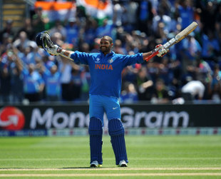 Shikhar Dhawan celebrates his maiden ODI century, India v South Africa, Champions Trophy, Group B, Cardiff, June 6, 2013