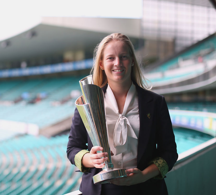 Australia Women's captain Meg Lanning holds up the World T20 trophy, Sydney, April 9, 2014