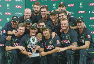 The victorious Australian team with the series trophy, Australia v South Africa, 3rd Twenty20, Sydney, November 9, 2014