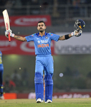 Virat Kohli raises his bat after reaching a century, India v Sri Lanka, 5th ODI, Ranchi, November 16, 2014