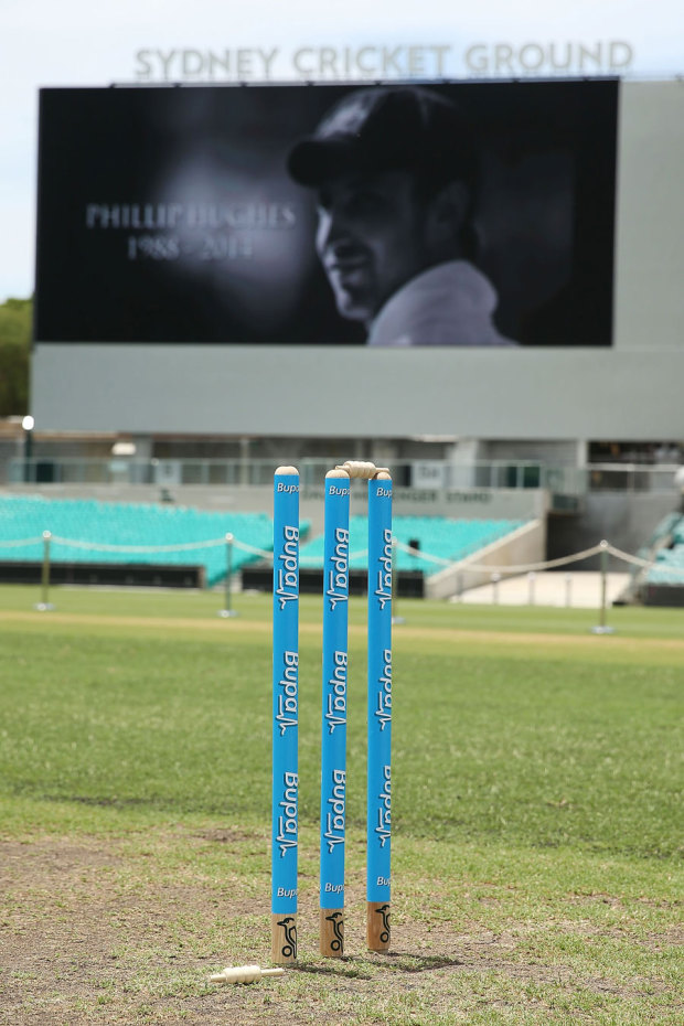 A single bail sits on the ground at the Randwick End of the SCG in remembrance of Phillip Hughes, Sydney, December 3, 2014