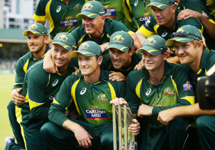 Australia are all smiles after claiming the tri-series trophy, Australia v England, Carlton Mid Tri-series final, Perth, February 1, 2015