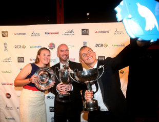 Anya Shrubsole, Chris Rushworth and Tom Curran celebrate their success at the PCA awards function, London, September 29, 2015