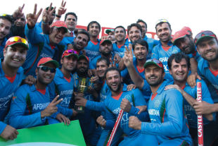 The Afghanistan players pose with the trophy, Zimbabwe v Afghanistan, 5th ODI, Bulawayo, October 24, 2015
