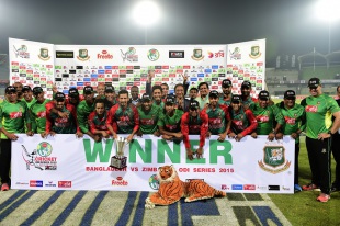 Bangladesh pose with the series trophy and a stuffed tiger, Bangladesh v Zimbabwe, 3rd ODI, Mirpur, November 11, 2015
