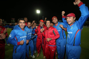 The Afghanistan players soak in the celebrations after securing the series, Afghanistan v Zimbabwe, 5th ODI, Sharjah, January 6, 2016