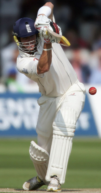 Kevin Pietersen drives during his Test debut, England v Australia, Lord's, July 21, 2005