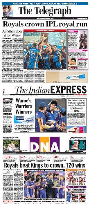 Headline news as Rajasthan Royals win the IPL, June 2, 2008