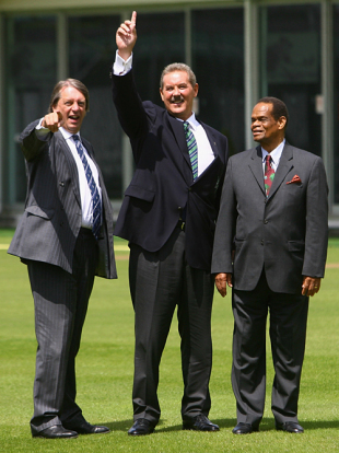 Allen Stanford poses with Giles Clarke and Julian Hunte after arriving by helicopter on the nursery ground for the launch of his 20-20 for 20 series, Lord's, June 11, 2008