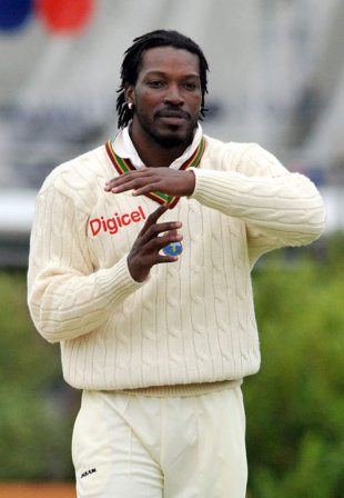 Chris Gayle calls for a third-umpire referral against Daniel Flynn. The ruling went Gayle's way, New Zealand v West Indies, 1st Test, Dunedin, 1st day, December 11, 2008